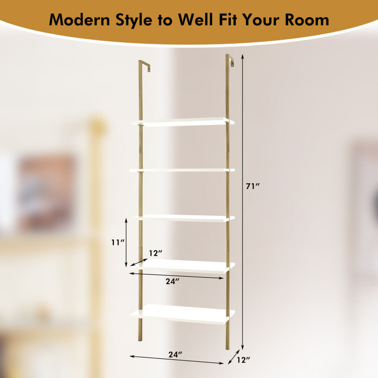 5 Tier Ladder Shelf Wall-Mounted Bookcase with Steel Frame-GoldenCostway Gallery View 4 of 10